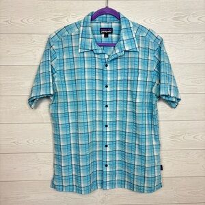 Patagonia Blue Plaid Button Down Short Sleeve Shirt Size Large